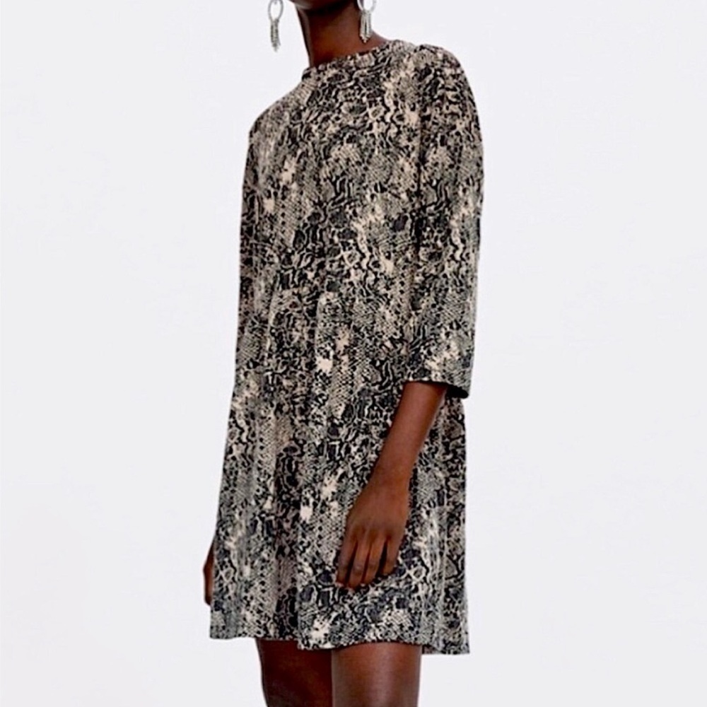 Zara Tan and Black Snakeskin Print Empire Waist 3/4 Sleeve Mini Dress